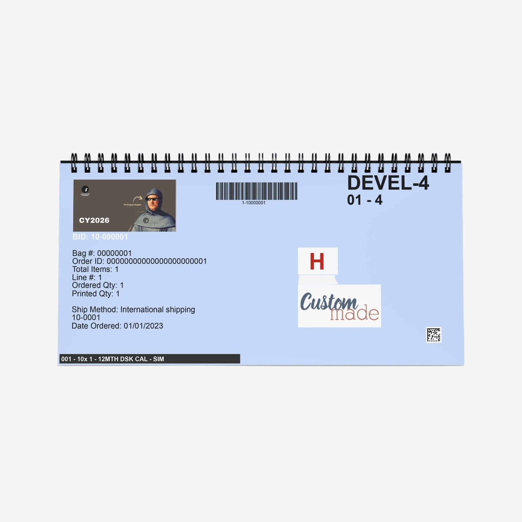 Spiral-bound notebook with printed details on a white background