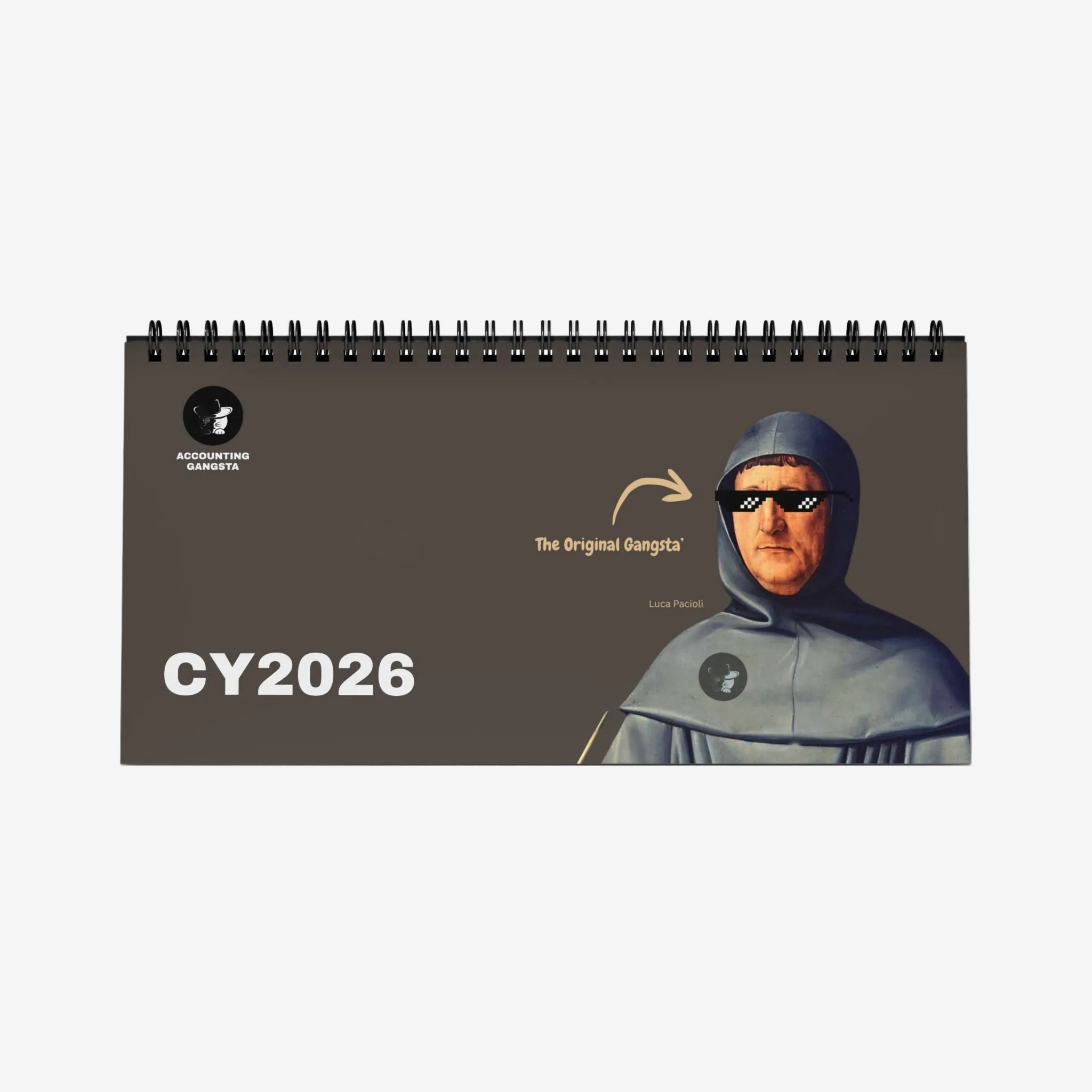 Calendar with Luca Pacioli and 'CY2026' text on a white background