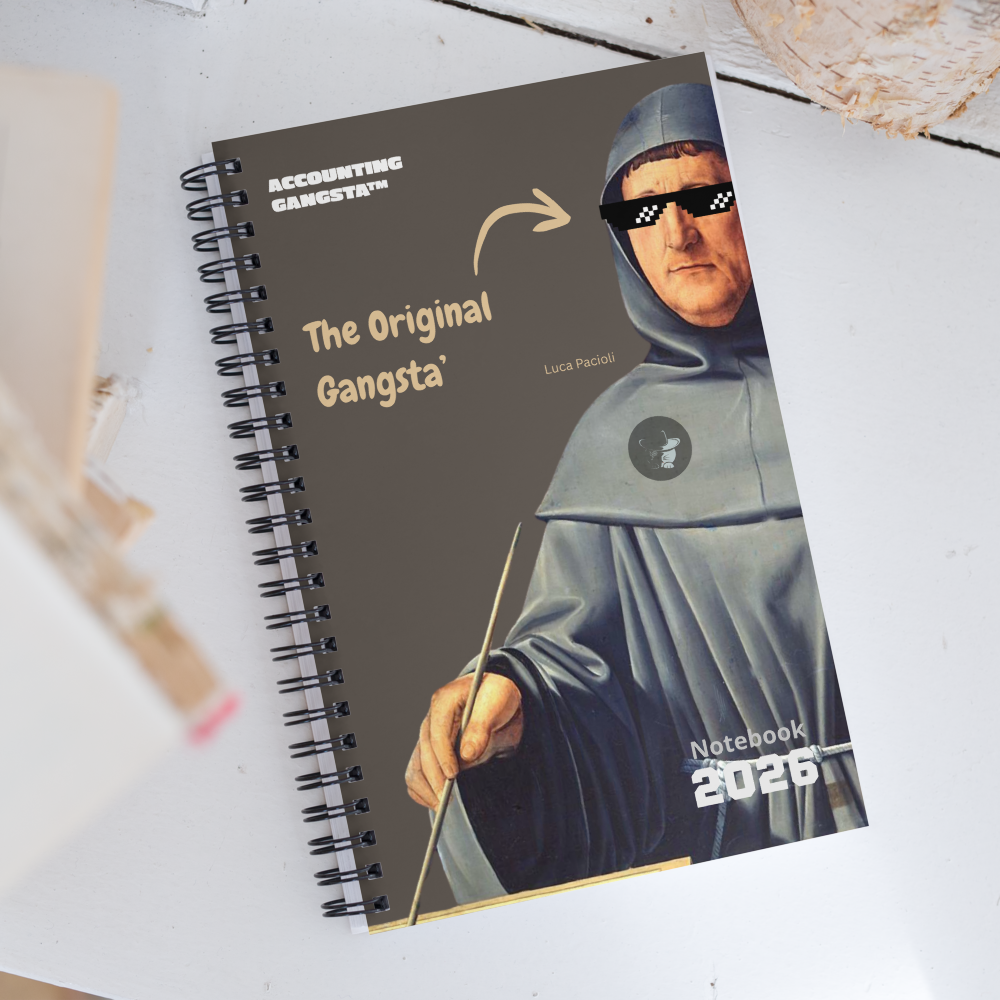 Notebook with a cover featuring Luca Pacioli in a hooded outfit and text on a white surface