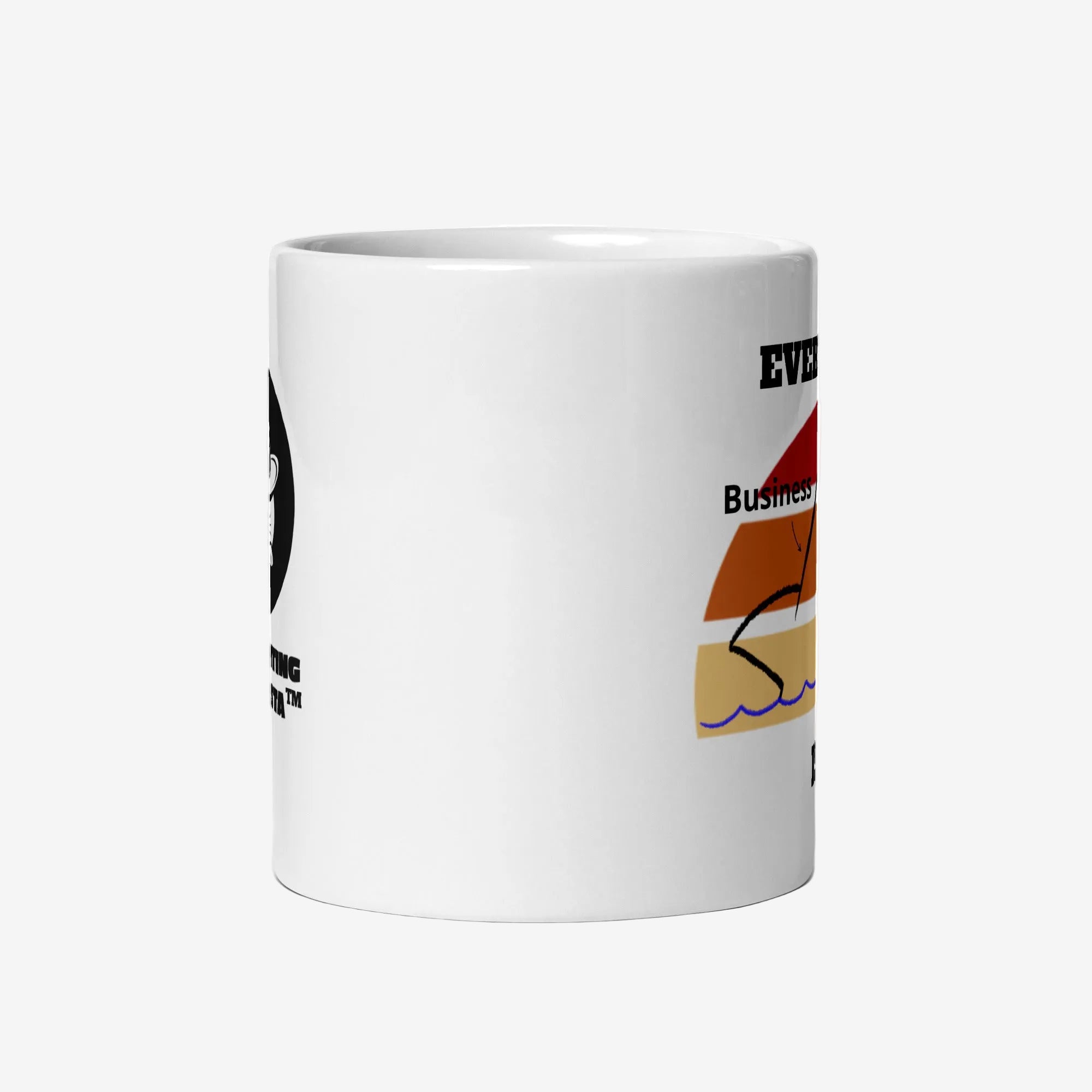White mug with colorful graphic design on a white background