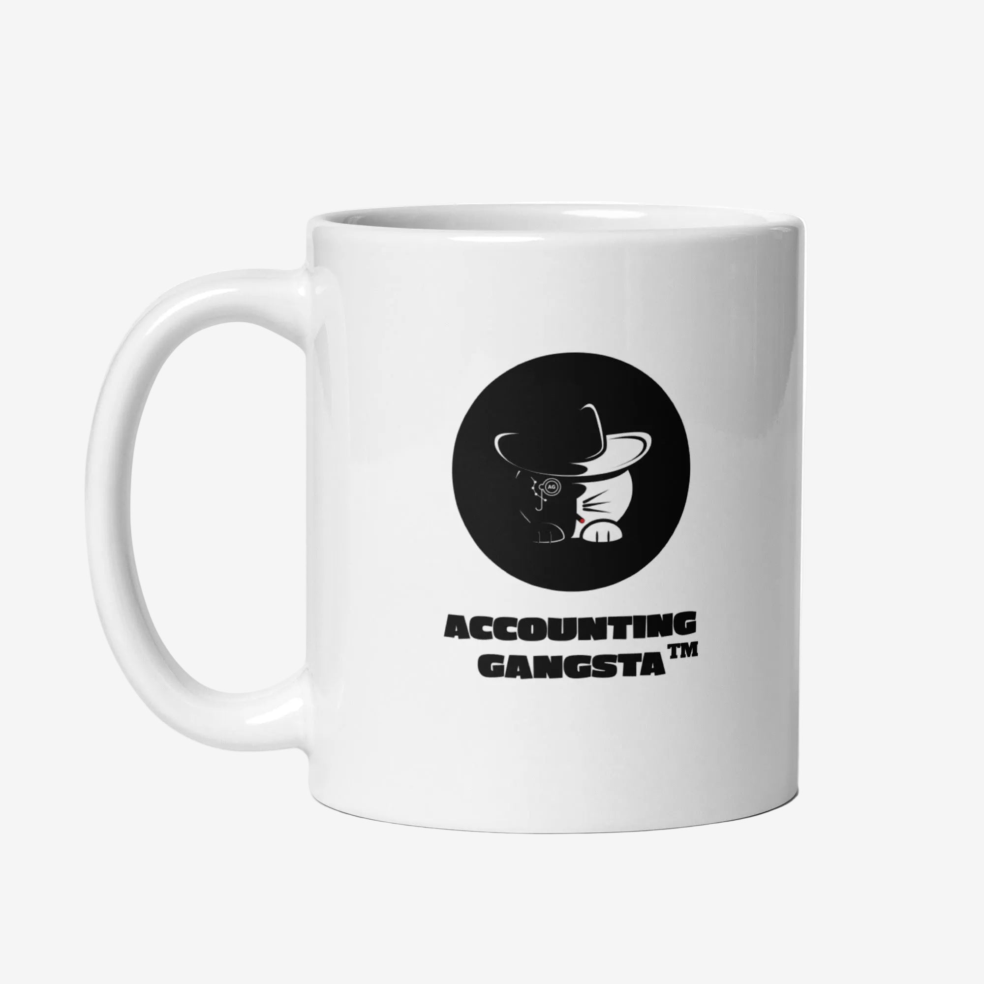 White mug with 'Accounting Gangsta' logo on a white background