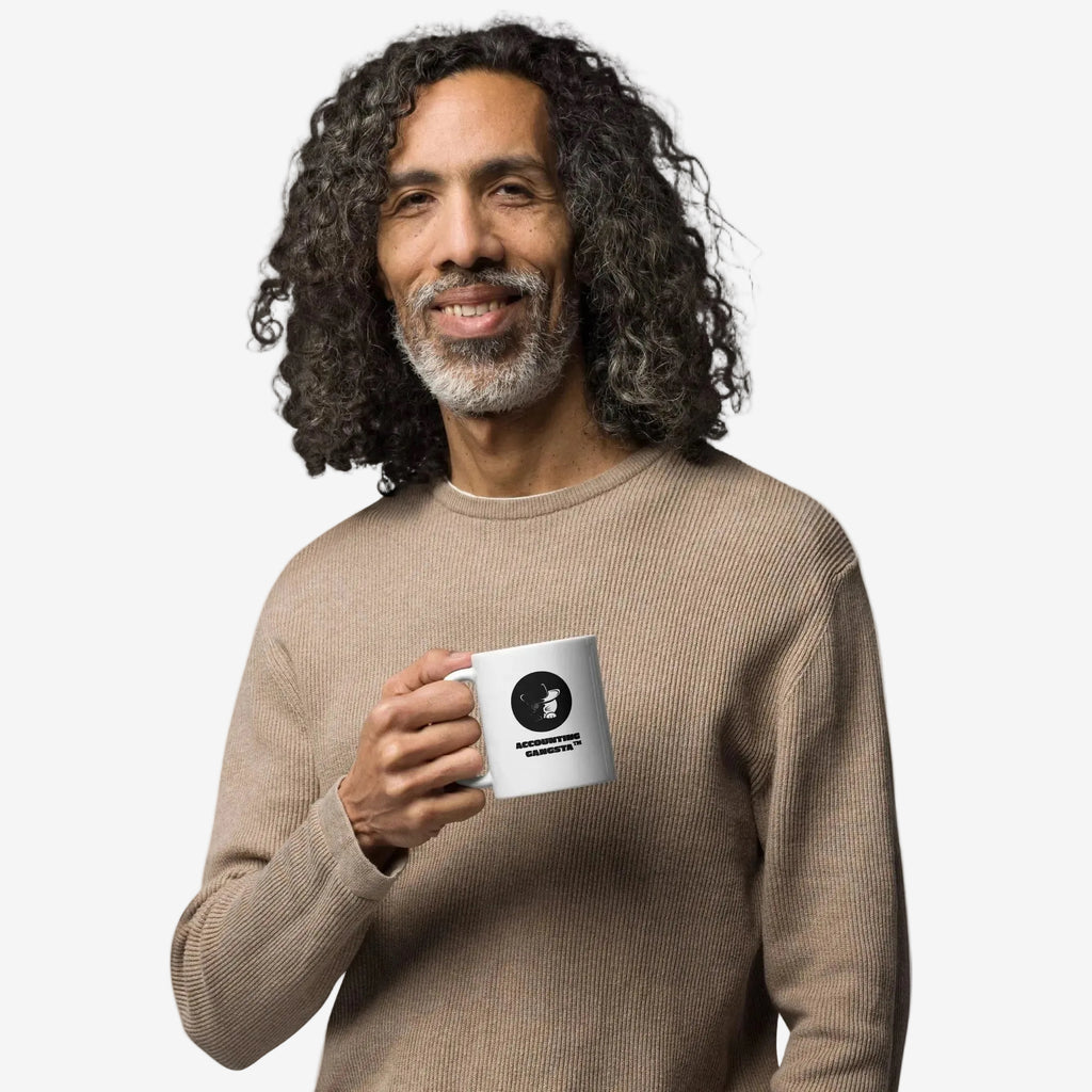 Man holding a mug with a logo on a white background