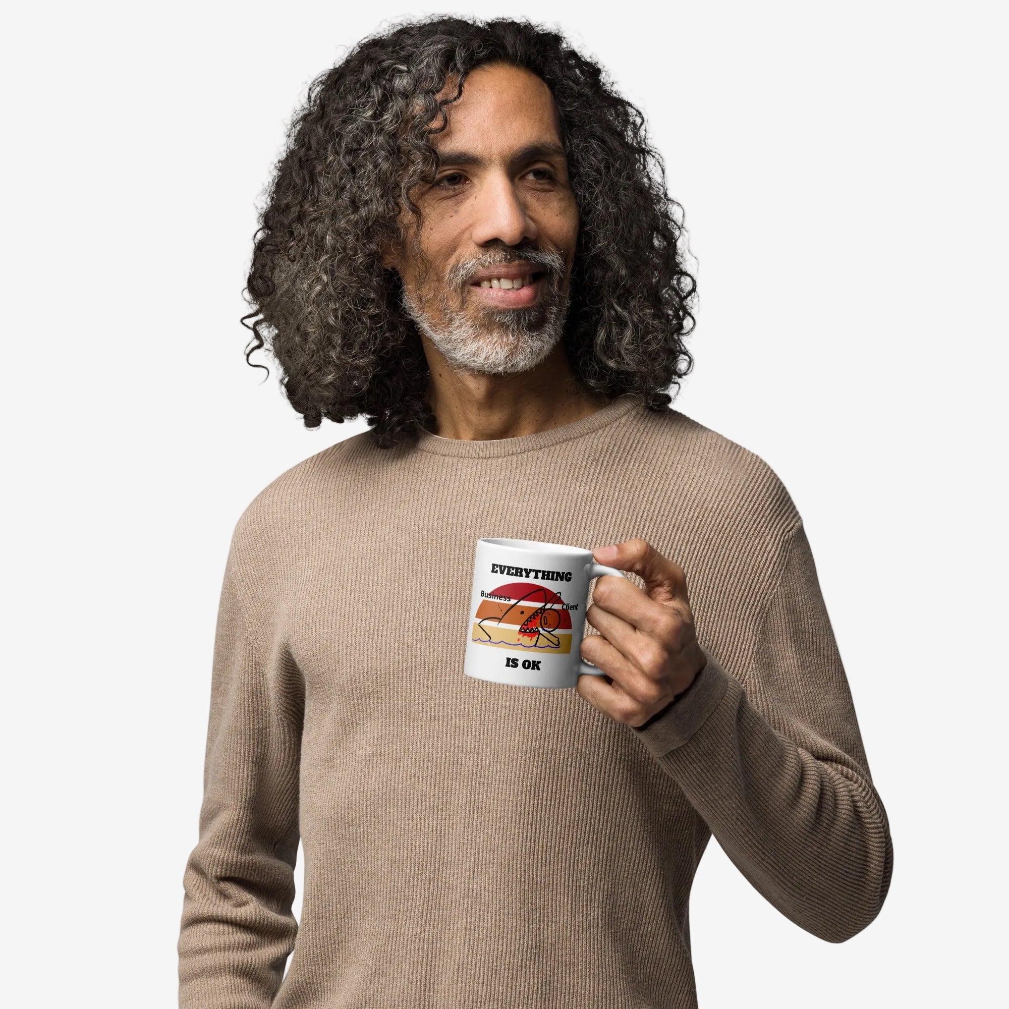Man holding a mug with a graphic design on a white background